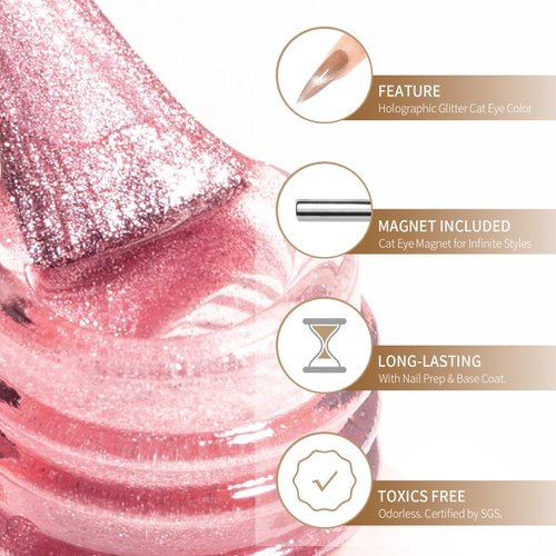 MAYCHAO 15ML Cat Eye Gel Nail Polish 1Pc jelly Pink Nail Polish with Magnet Soak off Holographic Magnetic Gel Polish for Nail Art Manicure Salon DIY at Home, 0.5 OZ