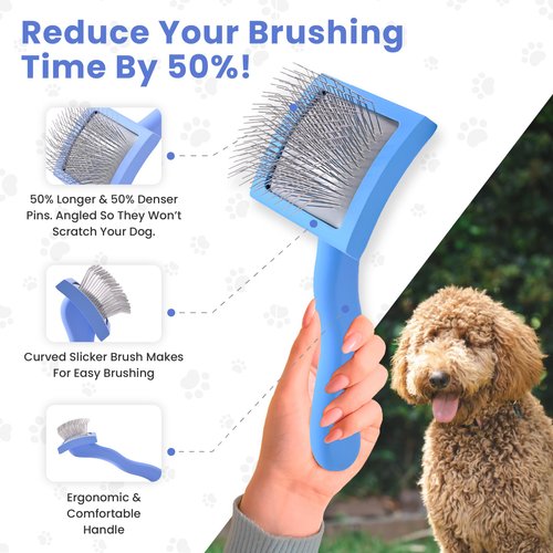 Curved Grooming Slicker Brush for Dogs, Soft Pin Goldendoodle Brush for Dematting & Shedding, Ideal Dog Slicker Brush for Poodles, Labradoodles & Other Breeds [We Love Doodles] (Small)