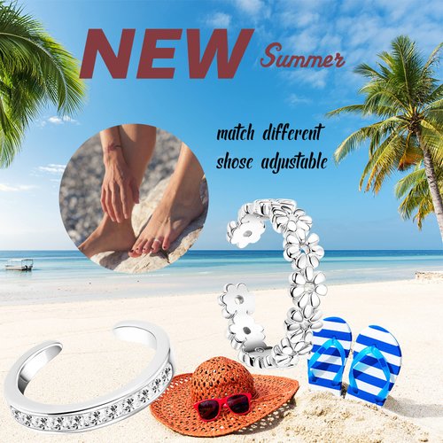 ADRAMATA 4 Pcs 925 Sterling Silver Toe Rings for Women Open Adjustable Band Rings Jewelry Set