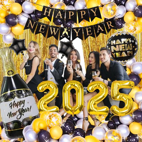 New Years Eve Party Supplies 2025, Happy New Year Decorations 2025 Kit New Years Decorations Happy New Year Balloons 2025 NYE Party Kit with 2025 Balloon Happy New Year Banner Fringe Curtains Backdrop