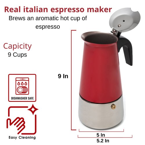 Mixpresso Stovetop Espresso Coffee Maker 15oz/9 Espresso Cup, Moka Coffee Pot with Coffee Percolator Design, Stainless Steel Stovetop Espresso Maker, Italian Coffee Maker, Red Coffee Maker