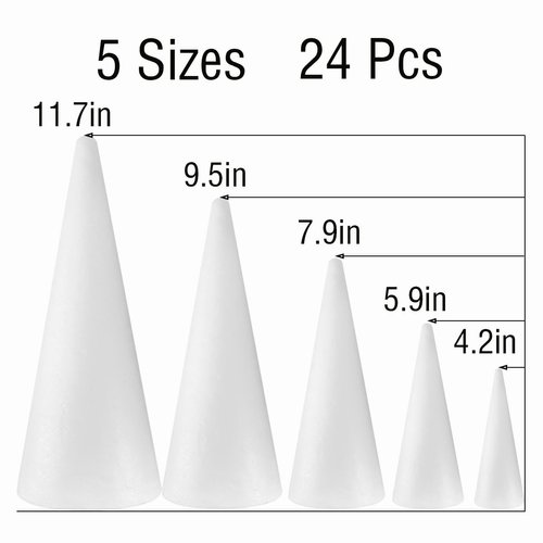 24-Pack Craft Foam Cones, Foam Tree Cones, Assorted Sizes White Polystyrene Cones Shaped Foam (4.6.8.10.12in), for Arts and Crafts, Christmas Tree, School, Wedding, Birthday, DIY Home Craft Project