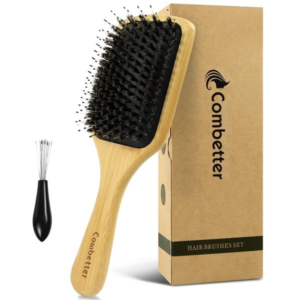 Boar Bristle HairBrush Combetter, Natural Wooden Paddle Brush Detangler Shine Smoothing Hair for Women Men Kids Curly Long Fine Dry Hair with Gift Box