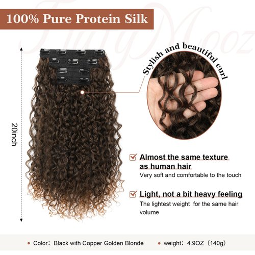 Clip in Hair Extensions, FLUFYMOOZ 4PC 100％ Pure Protein Silk Hair Extensions Long Soft Natural Hairpiece 20 Inch Curly Hair Extension for Women (Black with Copper Golden Blonde)