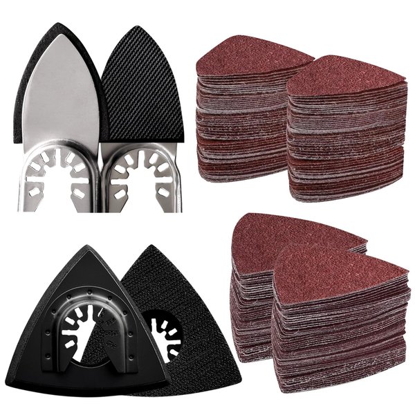 104Pcs Oscillating Tool Detail Sanding Pads Kit, 2Pcs Triangle Sanding Pads and 2Pcs Finger Sanding Pad, 100Pcs Multitool Sandpaper, Grit Fit for Finishing Wood Sanding Plaster