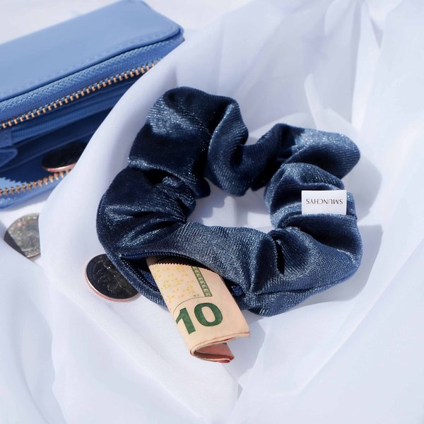 Smunchys Velvet Hair Scrunchie with Hidden Zipper Pocket for Women, Cash, Keys, Chapstick, Dark Blue, 1 Count