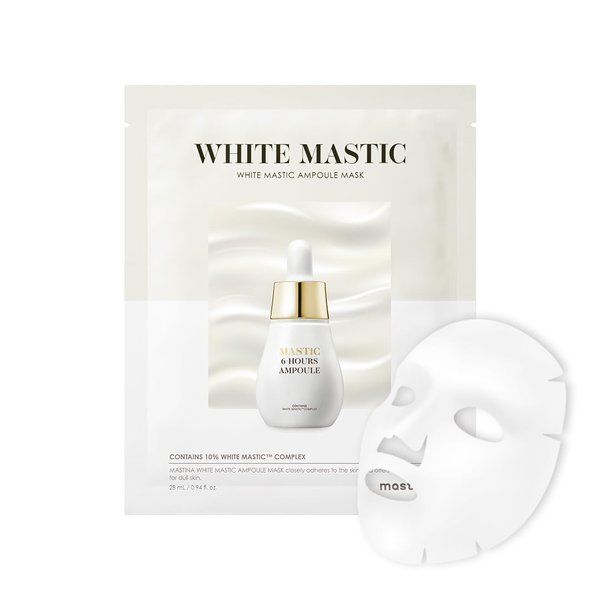 MASTINA White Mastic Ampoule Sheet Mask (4pc) - Illuminating, Radiance-Boosting. Ultra-Moisturizing Facial Mask. Intensive Korean Skin Care. Fermented Mastic Gum