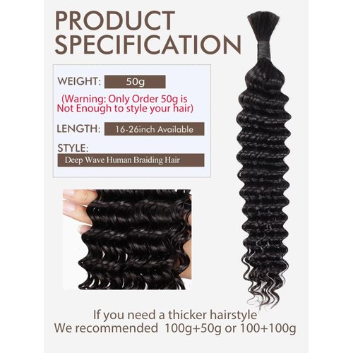 Human Braiding Hair 1 Bundle 50g 18 Inch Deep Water Wave Bulk Human Hair for Braiding No Weft 10A Brazilian Virgin Curly Human Hair Extensions for Boho Braids Wet and Wavy Human Hair Braiding Hair