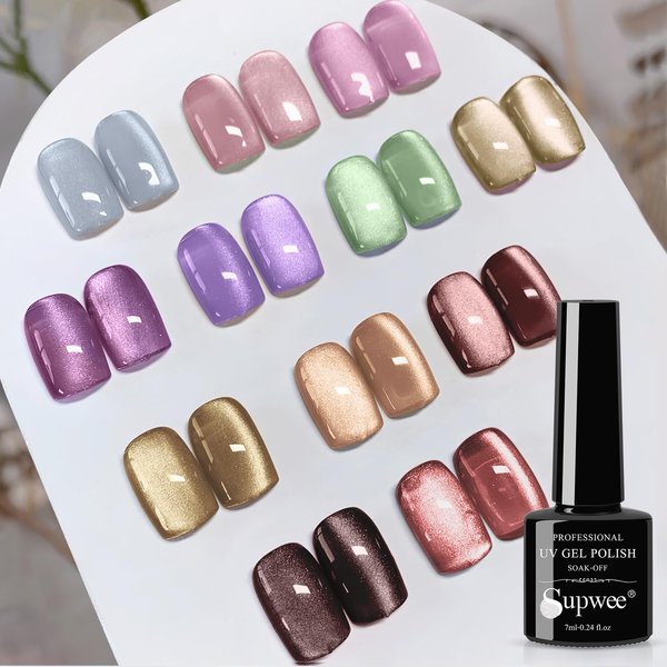 SUPWEE Magnetic Gel Nail Polish - 12 Colors Moonlight Cat Eye Gel Nail Polish with Magnetic Stick Cateye Gel Polish Soak Off UV LED Nail Lamp Nail Art Manicure Salon Valentine's Day Gift for Women