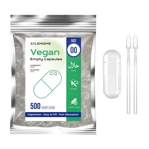 ATLEMISME Empty Vegan Capsules Size 00 - Vegan Capsules Empty (500 Count) Empty Capsules DIY Vegetable Capsule Filling - Veggie Capsules Empty Caps with 2 Micro Lab Spoons for Capsule Filling