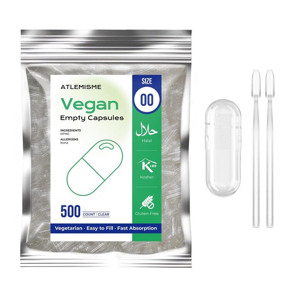 ATLEMISME Empty Vegan Capsules Size 00 - Vegan Capsules Empty (500 Count) Empty Capsules DIY Vegetable Capsule Filling - Veggie Capsules Empty Caps with 2 Micro Lab Spoons for Capsule Filling