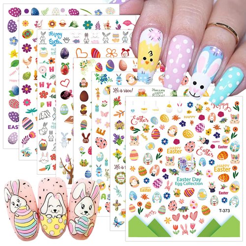 8 Sheets Easter Nail Art Stickers Decals 3D Self-Adhesive Cute Nail Decals Easter Egg Bunny Rabbit Design Cartoon Nail Stickers for Women Girls DIY Manicure Accessories Easter Party Nail Decorations