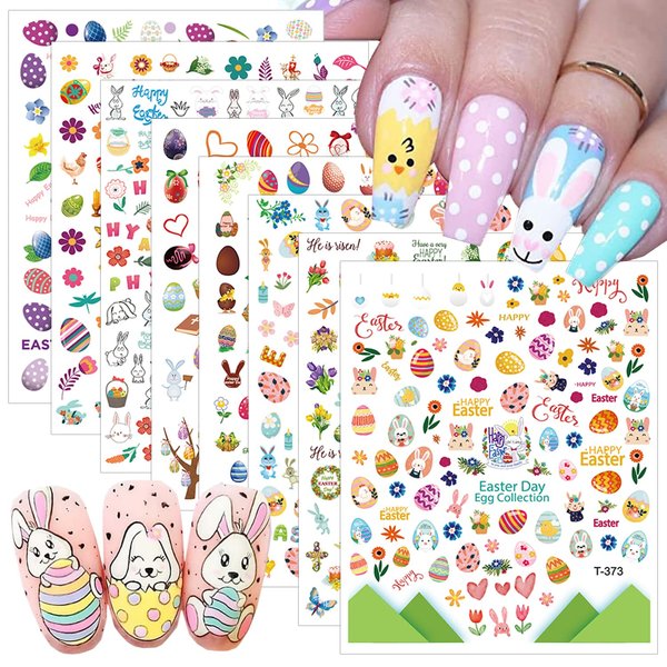 8 Sheets Easter Nail Art Stickers Decals 3D Self-Adhesive Cute Nail Decals Easter Egg Bunny Rabbit Design Cartoon Nail Stickers for Women Girls DIY Manicure Accessories Easter Party Nail Decorations