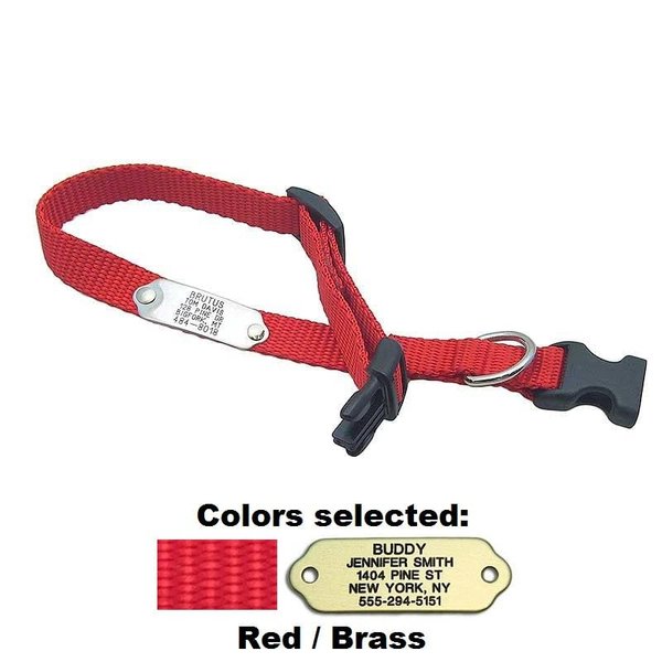 LuckyPet Rivet ID Collar - Personalized Dog Collar - Engraved Metal Tag Riveted to Adjustable Nylon Dog Collar - Collar: 1" x 18-26" Red, Tag: Polished Brass