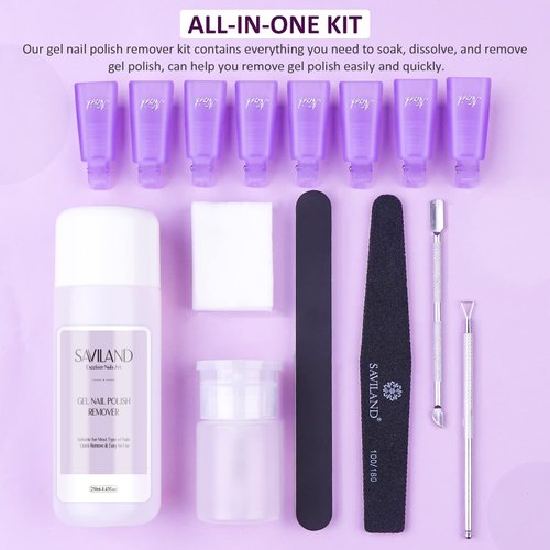 Saviland Gel Nail Polish Remover Kit: 250ML Nail Polish Remover with Nail Clips, Nail Tools,Cuticle Pusher, 500PCS Cotton Pad Nail Remover Manicure Kit for Salon Home DIY
