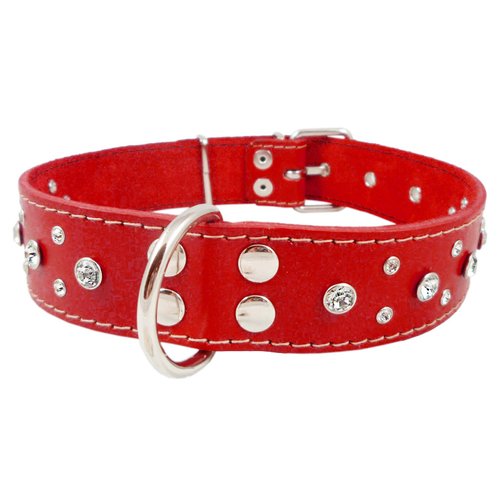 Dogs My Love Genuine Red Leather Rhinestone Dog Collar 1.6x27 Fits 19"-24" Neck