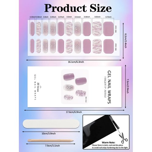 TOROKOM Cured Gel Nail Strips, 20PCS Self-Adhesive Nail Strips Full Nail Wraps Strips, Purple Aura Nail Gel Nail Strips with Nail File, Wooden Stick & Sealing for Women DIY Manicure Decorations