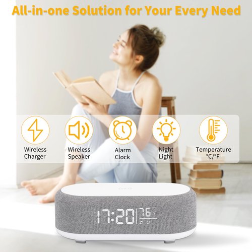Couperos 4in1 Alarm Clock with Wireless Charging Wireless Speaker Night Light & Temperature Display – Customized Sleep-Wake Routine Alarm Clock for Heavy Sleepers (Gray)
