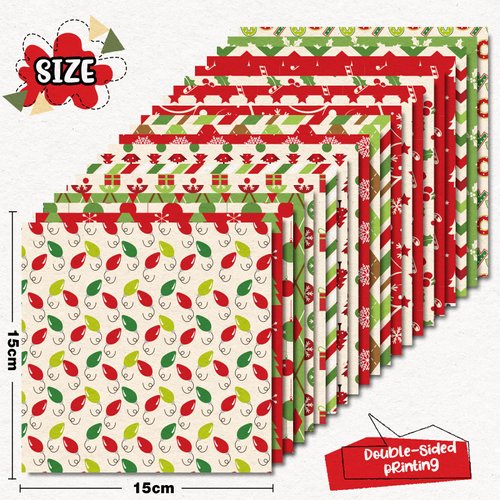 Whaline 40Pcs Christmas Pattern Paper Red Green Scrapbook Specialty Paper Poinsettia Joy Double Sided Craft Paper For DIY Craft Card Making Photo Album Journal Decor, 6 x 6 Inch