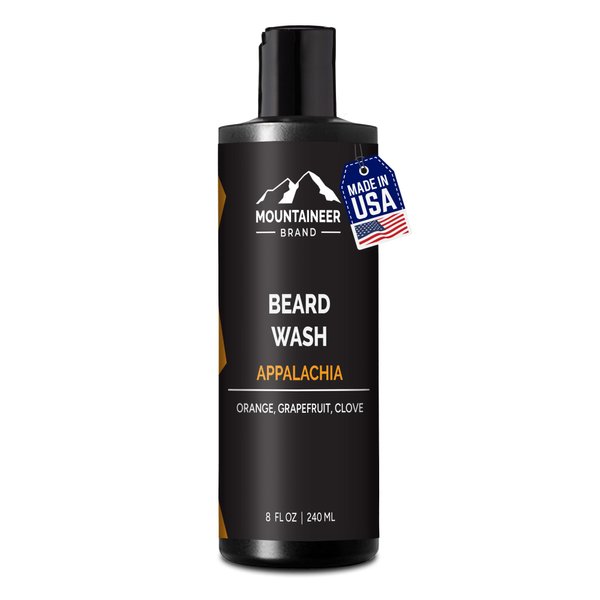 Mountaineer Brand Beard Wash For Men | 100% Natural Beard Shampoo | Thick Cleaning Softening Lather | Grooming Treatment with Orange, Grapefruit, Clove Essential Oils | Appalachia Scent 8oz
