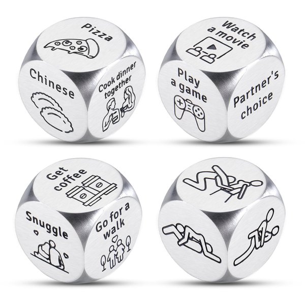 4PCS Date Night Dice Santa Swap Gift Exchange Dice Game Christmas Stocking Stuffers for Adults White Elephant Gifts Gag Gifts for Men Women 11th Anniversary Steel Couple Games Valentines Gifts for Her
