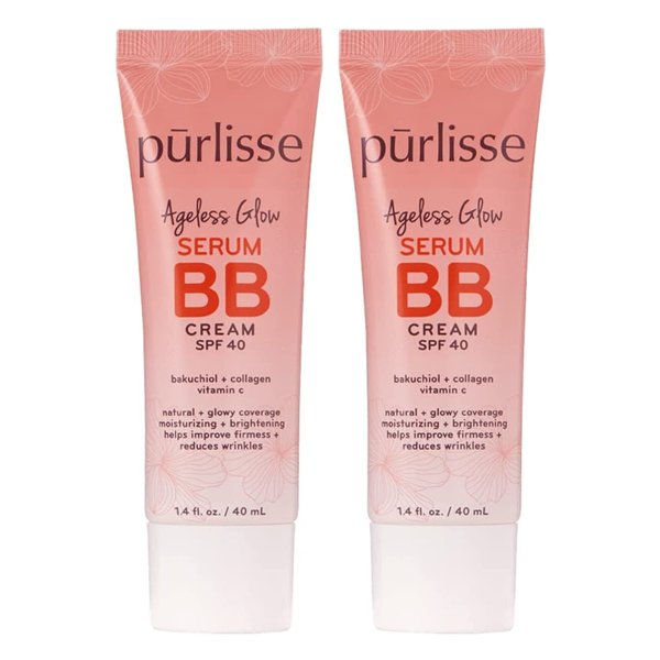 pūrlisse Ageless Glow Serum BB Cream SPF 40 | Full & Flawless Coverage, Hydrates with Collagen - Medium Warm (2 Pack)
