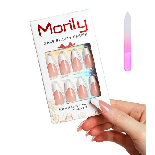 Morily Light Pink White French Tip Press on Nails, 30Pcs Long Coffin Thicker Fake Nails Reusable False Nails with Design, Glossy Acrylic Stick on Nails for Women, 15 Sizes, Include Glass File