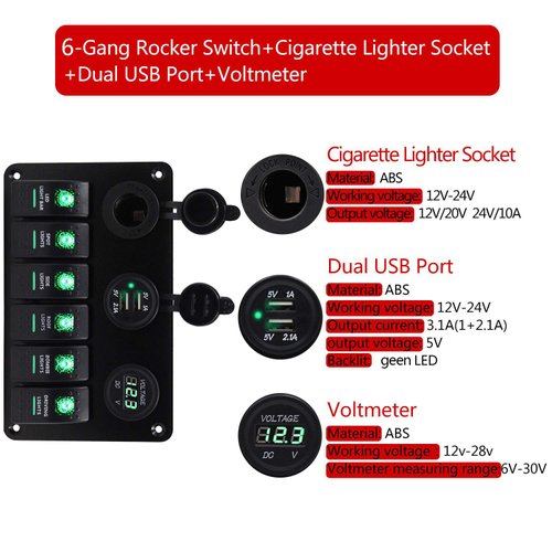 Riloer 6 Gang Rocker Switch Fuse Panel, Waterproof Digital Voltmeter Display with Dual USB Charger for RV Marine Car Vehicles Truck Boat (Green Light)