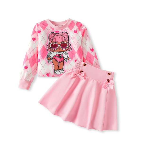 L.O.L. Surprise! Girl Skirt Set Long Sleeve Letter Print Sweatshirt Plaid/Pink Smocked Skirt Set 2PCS Clothes Set Outfit Pink 8-9 Years
