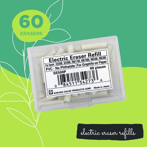 Sakura SumoGrip EE-3000 Electric Eraser Refill - Vinyl Erasers for Mechanical Eraser - 60 White Art Eraser Refills