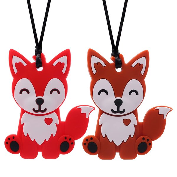 Chew Necklaces for Sensory Kids Boys and Girls, 2 Pack Fox Silicone Chewy Necklace for Autism, ADHD, SPD, Chewy Oral Motor Chewing Toy for Adults