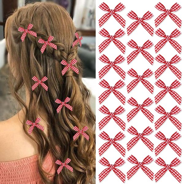 SAWINDA 20PCS Red Mini Hair Bows Gingham Craft Small Bow Hair Clips Checkered Bows for Hair Cute Bowknot Hair Ribbon Barrettes Hair Clips Accessories for Teens Kids and Girls