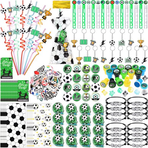 Saypacck 229 Pcs Party Favors with Ball Bracelets Mini Pinball Mini Bubble Wands Straws Keychains Badges Stickers Stamps Gift Bags Party Tags for Birthday Themed Party Sport Supplies(Soccer)