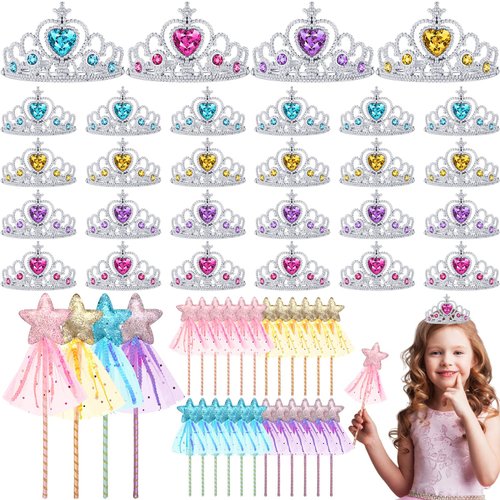 Janinka 48 Pcs Princess Party Favors 24 Tiara Crown for Little Girls 24 Glitter Princess Wand Star Fairy Wand Princess Crowns for Kids Princess Birthday Party Accessories for Little one