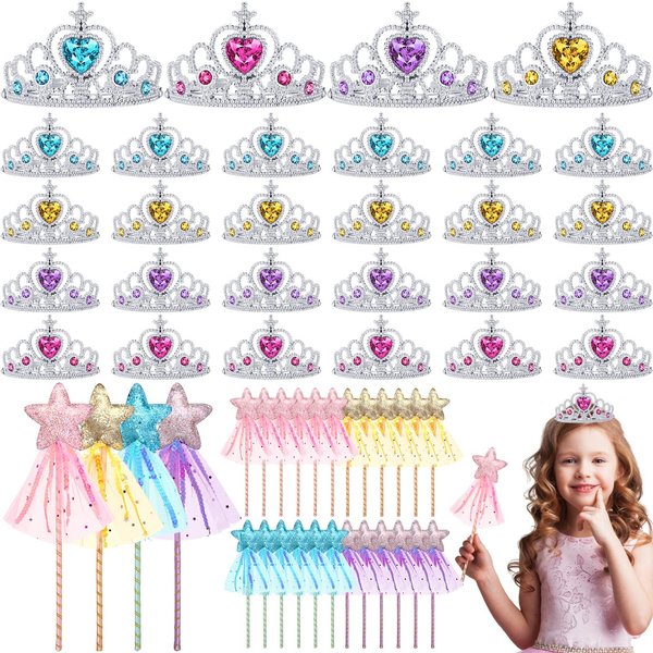 Janinka 48 Pcs Princess Party Favors 24 Tiara Crown for Little Girls 24 Glitter Princess Wand Star Fairy Wand Princess Crowns for Kids Princess Birthday Party Accessories for Little one