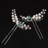 Teyglen 2pcs Pearl Bride Wedding Hair Pins Silver Leaf Crystal Hair Pins Clips Bridal Green Teardrop Rhinestone Hair Piece Wedding Hair Accessories for Women Girls