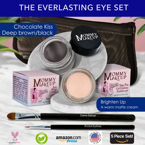 The Everlasting Eye 5 Piece Waterproof Makeup Set. Gel Eyeliner, Creme Eyeshadow, 2 brushes and Mesh Bag. Paraben-free, Talc-free, Cruelty-free. Brighten Up/Chocolate Kiss 2202