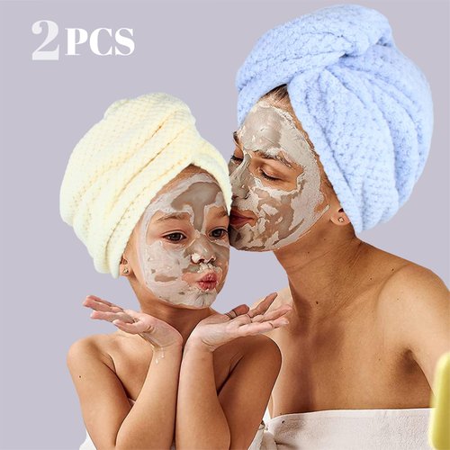 MaopaoBeauty Microfiber Hair Towel Wrap with Double Buttons to Dry All Wet Hair Style Quickly 2Pack Long Hair Head Turban Wraps with Pineapple Plaid Design(Beige&Blue)