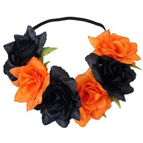Halloween Rose Skull Headband Flower Crown Hair Bands Wreath Garland Floral Headpiece Women Leaf Hairband Hair Hoops Party Decoration Cosplay Costume Festival Handmade Hair Accessories Black Orange