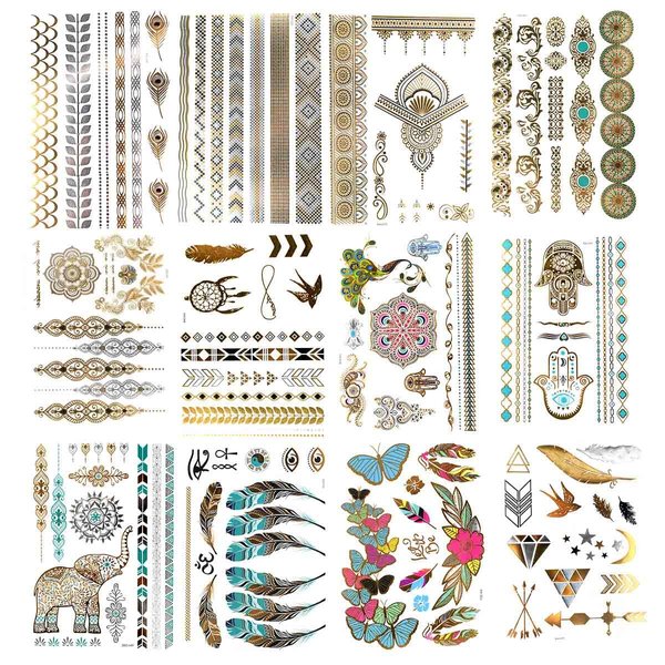 12 Sheets Flash Gold Metallic Temporary Tattoos for Women Girls Waterproof Gold Silver Tattoo Stickers for Beach Festivals Parties Long Lasting Nontoxic Glitter Fake Tattoos Exquisite Designs