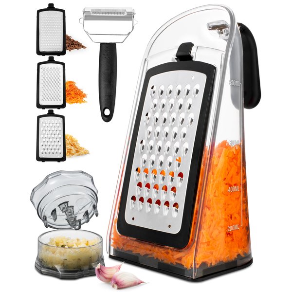 Cheese Grater with Garlic Crusher - Box Grater Cheese Shredder - Cheese Grater with Handle - Graters for Kitchen Stainless Steel Food Grater - Garlic Mincer Tool and Vegetable Peeler