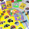 BOIKOKY 148Pcs Monster Truck Party Favors Set - 24 Monster Truck Notebooks, 24 Decorative Pens, 100 Stickers for Kids Monster Truck Themed Birthday Party Class Prizes Supplies