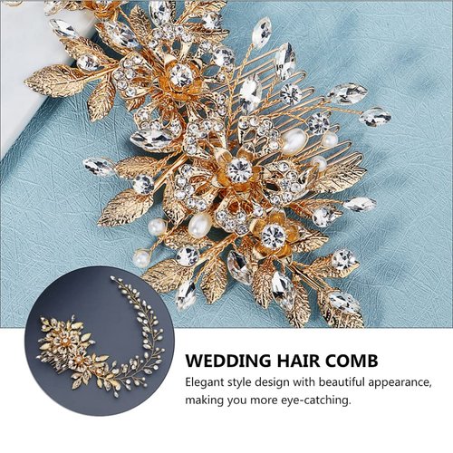OSALADI Wedding Hair Side Comb: Alloy Rhinestone Bridal Hair Clip, Handmade Pearl Hair Comb, Flower Bridal Hair Pieces, Wedding Hair Jewelry for Brides Bridesmaids Women (Golden)