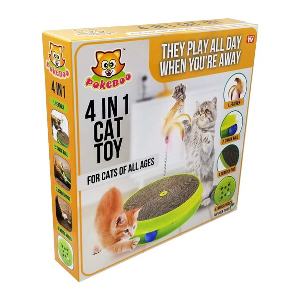 Pokeboo - As Seen on TV - 4 in 1 Interactive Cat Toy, Feather Spring, Circle Ball Track, Mouse Holes, Scratch Pad - Replaceable, for Cats Exercise and Stimulation of All Ages