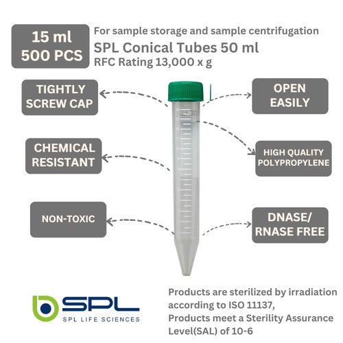 SPL 15 ml Conical Centrifuge Tubes Sterilized with PP Racks, Non - pyrogenic, Non - cytotoxic, DNase/RNase - Free, Human DNA - Free 25 Tubes x Rack (1 Rack)