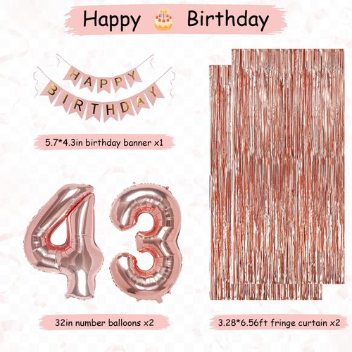 43rd Rose Gold Birthday Party Decorations for Women, Rose Gold Happy Birthday Banner, Fringe Curtains, Heart Foil Balloons, Confetti Balloons, Cake Topper for 43rd Birthday Decorations