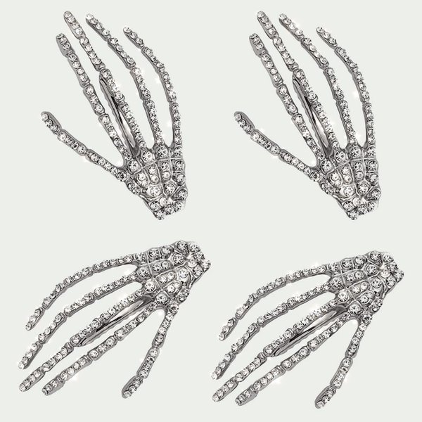4Pcs Crystal Skeleton Hands Hair Clips Halloween Party Hair Decor Women Girls Hair Accessories, Silver