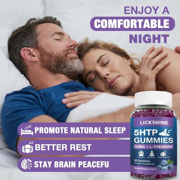 2 Pack 300MG 5-HTP GABA Sleep Supplement Gummies with 200mg L-Theanine Supplement for Brain, Mood Stabilizer and Sleep Support, Melatonin-Free, Omega 3-6-9 for Natural Zzzs, Blueberry Flavor