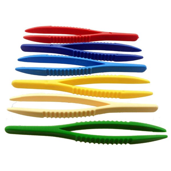 Jewel Tool 6 Pack 5" Plastic Tweezer Set | Includes 6 Colors | Round Tip Ends With Gripping Teeth | Textured Handle Grips | Great For Organizing & Handling Small Parts