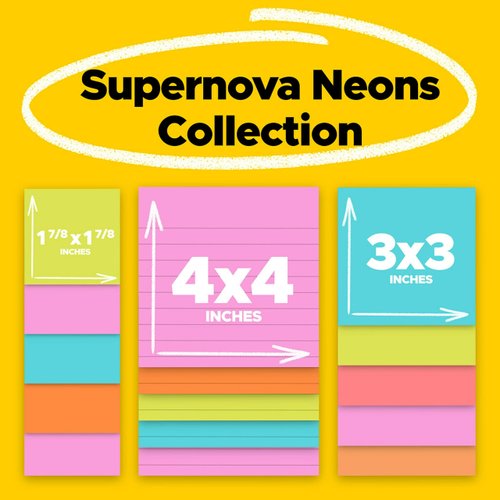 Post-it Super Recyclable Sticky Notes (4423-15SSMIA), Assorted Sizes, 15 Sticky Note Pads, 2x the Sticking Power, Supernova Neons Colors Collection